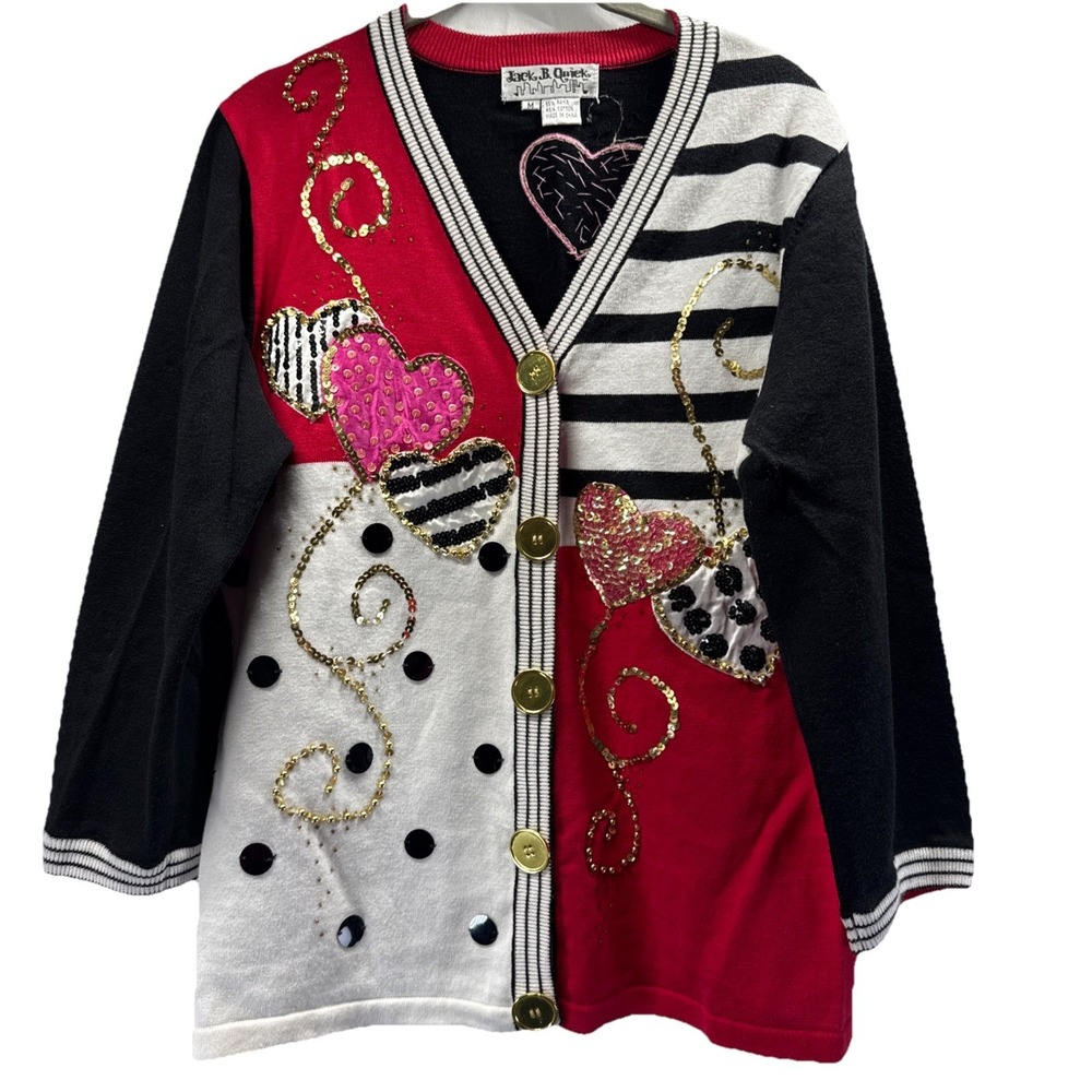 Vintage Jack B Quick Sweater Cardigan M Beaded Sequin Heart Valentines Day
